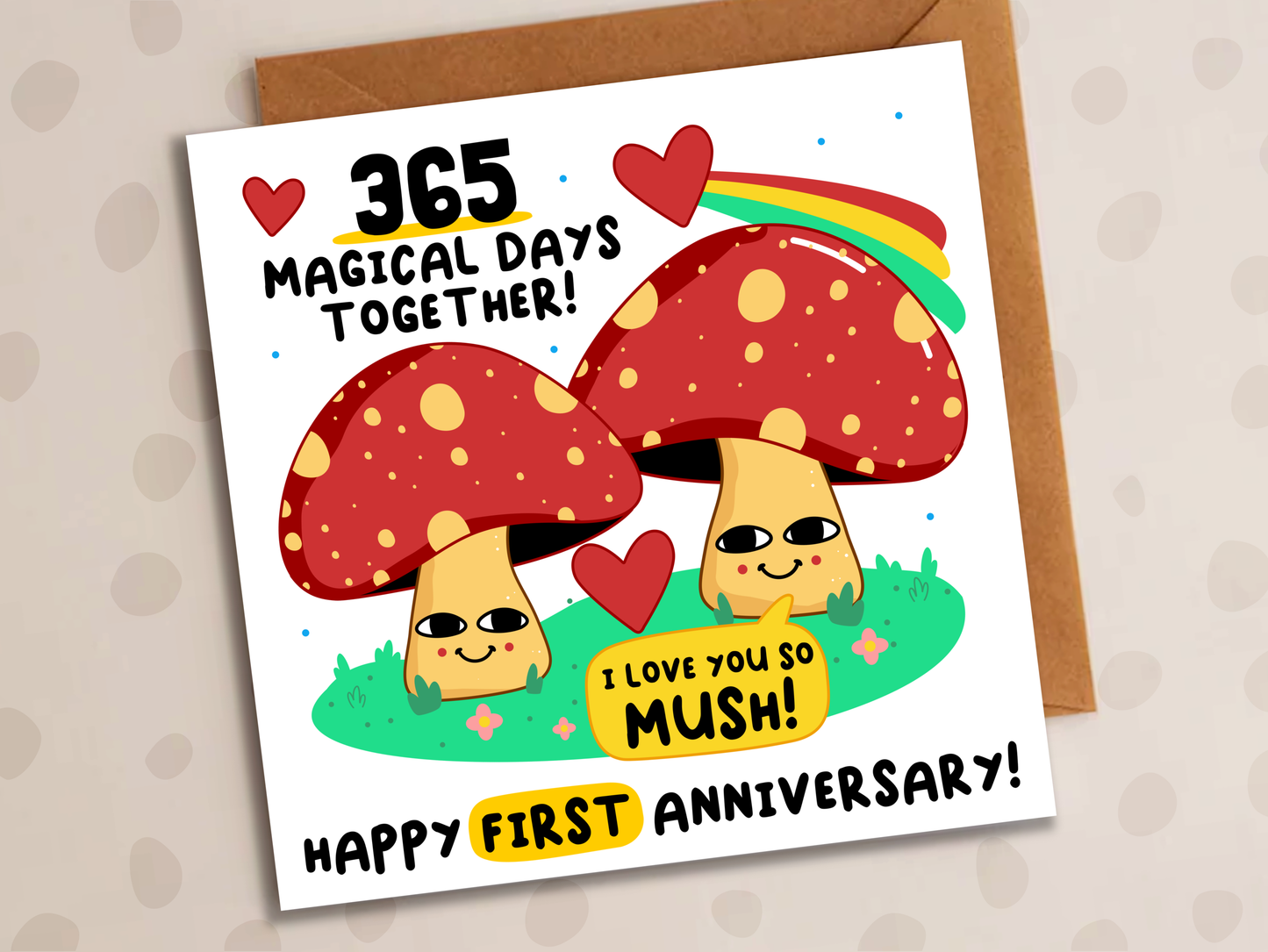 Magical Days Together Card, Personalised Anniversary Year, Cute Mushrooms