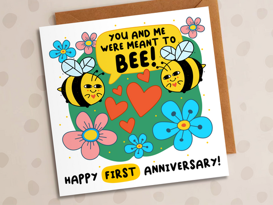Meant To Bee Card, Personalised Anniversary Year, Cute Bees