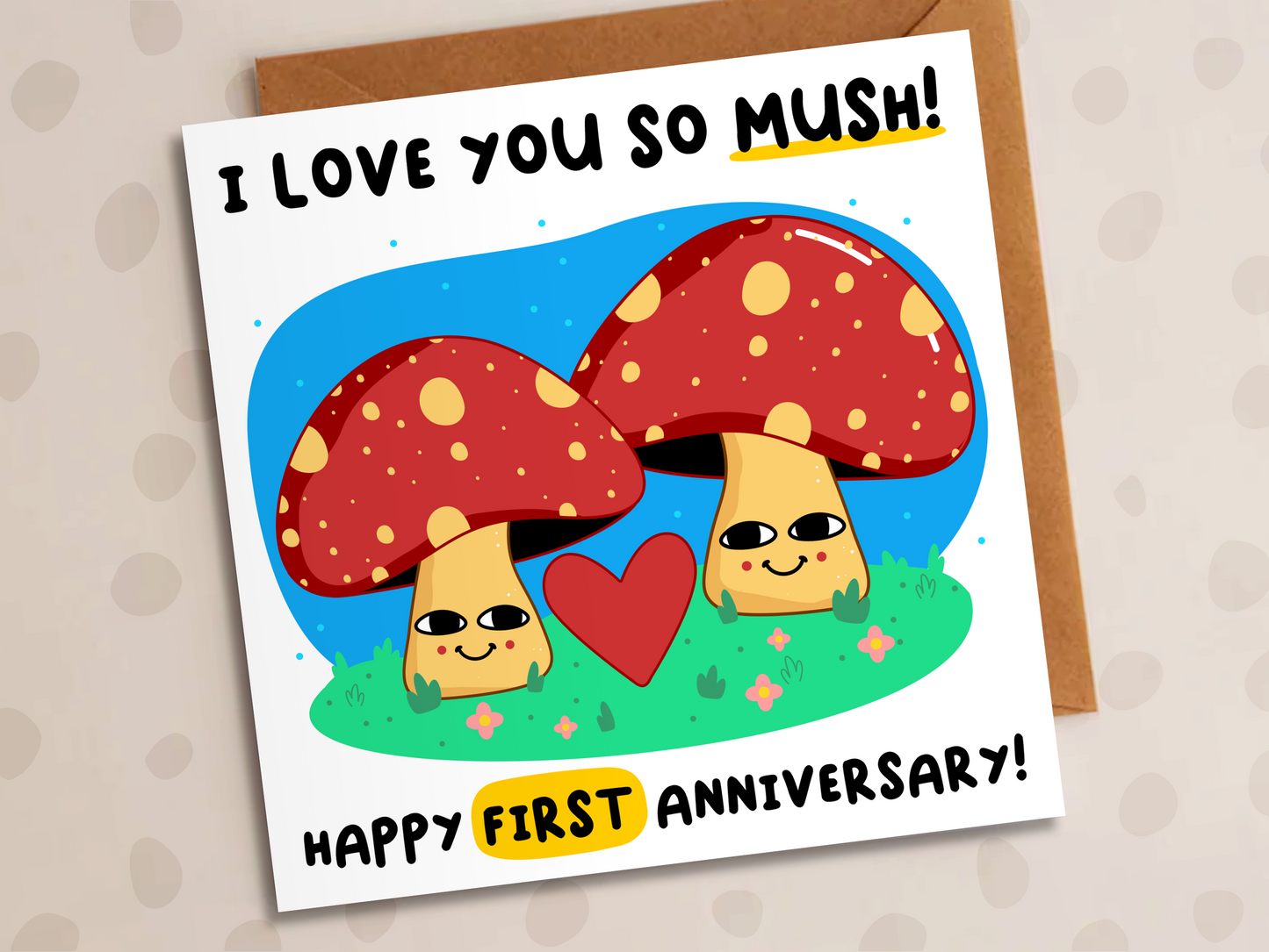 Love You So Mush Card, Personalised Anniversary Year, Cute Mushrooms